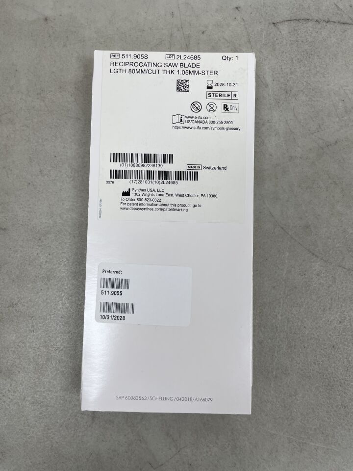 511.905S - SYNTHES - Reciprocating Saw Blade, 80 mm Usable Length, 1.05 mm Cut Thinkness, 10 mm Width, Sterile, (BX/1) - ( Expiry Date: 2028-10-31 )
