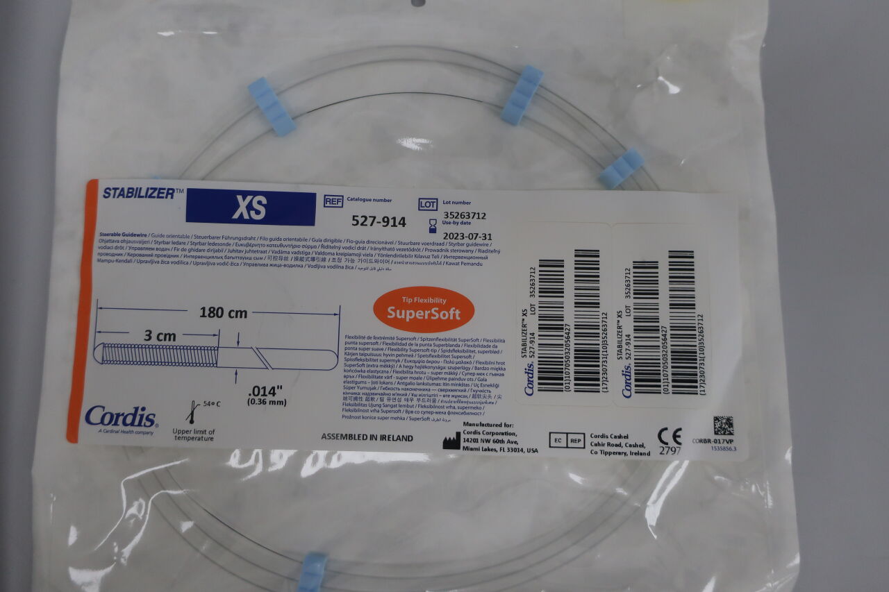 527-914 - CORDIS - STABILIZER XS Steerable Guidewire - SuperSoft Straight - .014" x 180cm x 3cm, (EA) - ( Expiry Date: 2025-06-30 )