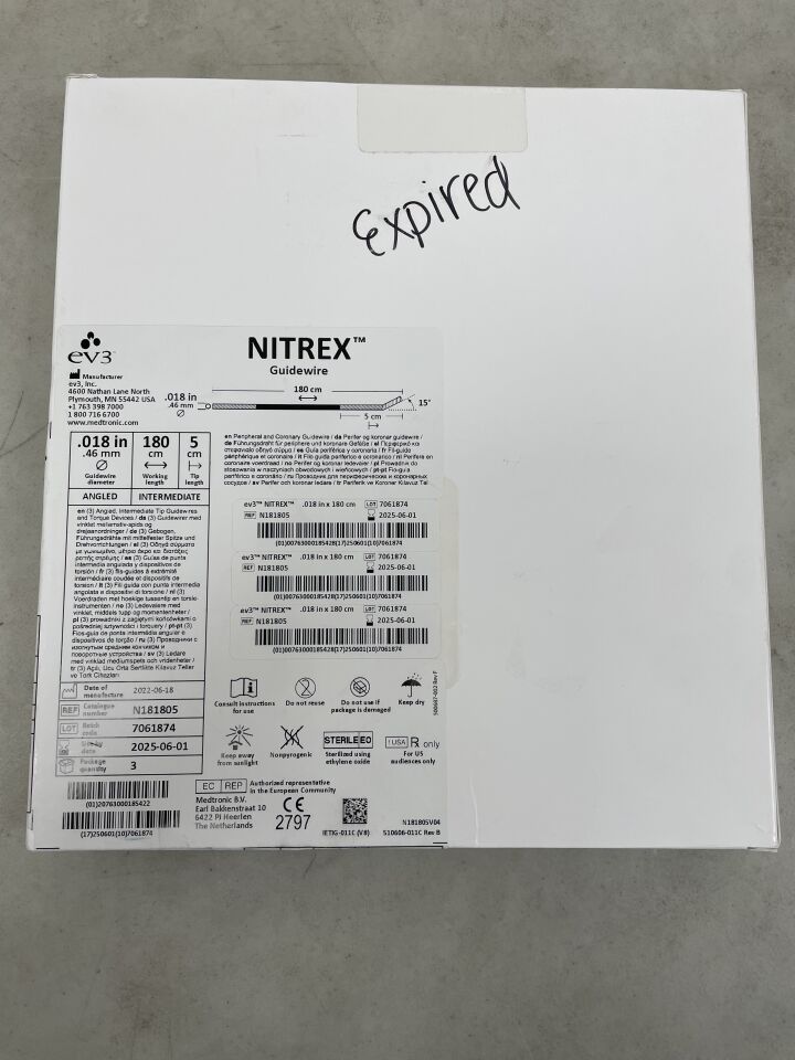 N181805 - EV3 - Nitrex Vascular Guidewire, 0.018 in. dia. x 180 cm Length, (BX/3) - ( Expiry Date: 2025-06-01 )
