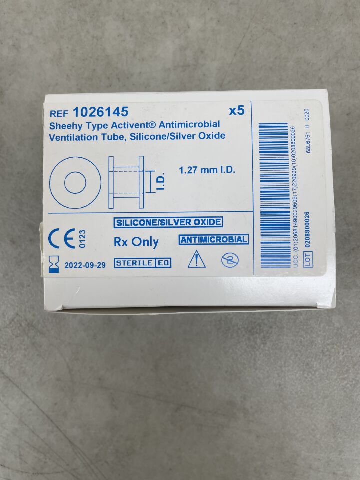1026145 - MEDTRONIC - Sheehy Type Activent Antimicrobial Ventilation Tube, Silicone/Silver Oxide 1.27mm, (BX/5) - ( Expiry Date: 2022-09-29 )