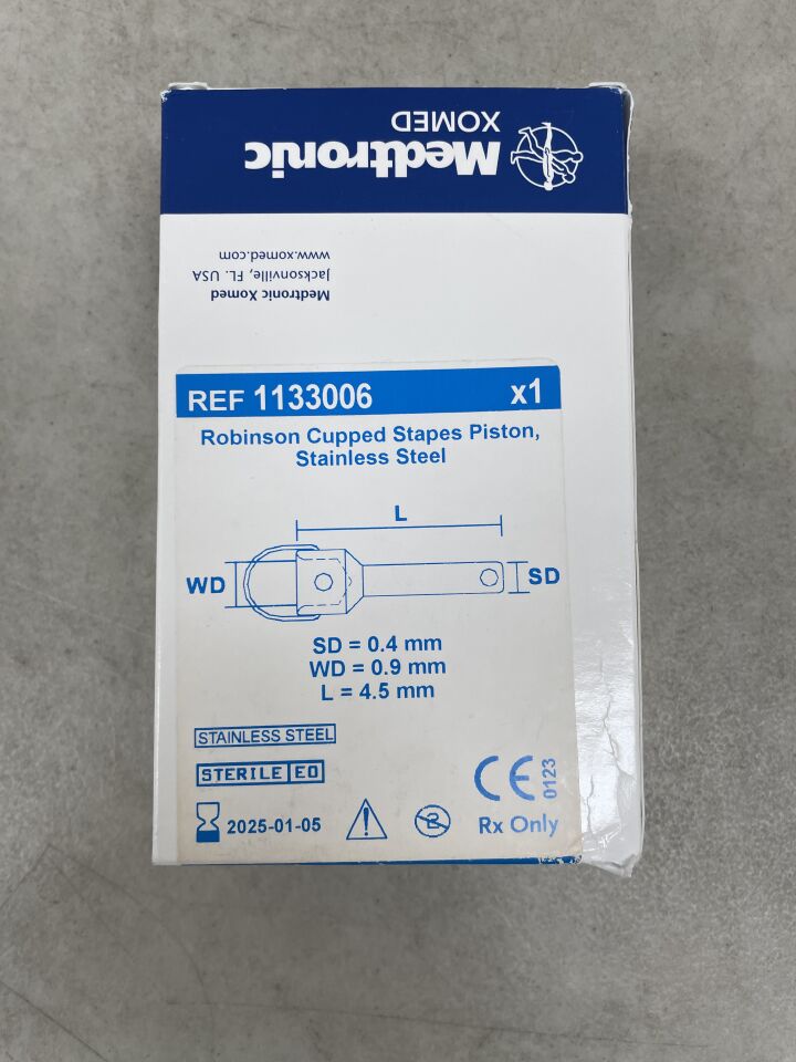 1133006 - MEDTRONIC - Robinson Cupped Stapes Piston, Stainless Steel: 0.4mm / 0.9mm / 4.5mm, (BX/1) - ( Expiry Date: 2025-01-05 )