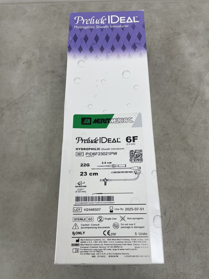 PID6F23021PW - MERIT MEDICAL - Prelude Ideal 6F x 23cm Hydrophilic Sheath Introducer Kit, 0.021" Guidewire, (BX/5) - ( Expiry Date: 2025-07-01 )