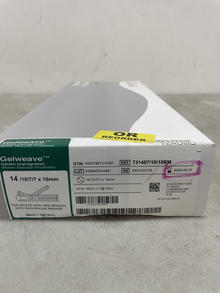 731407/10/10RM - TERUMO - Vascutek Gelweave Vascular Prosthesis, Trifurcate w/Side Branch 14/10/7/7 x 10mm x 45cm , (BX/1) - ( Expiry Date: 2025-05-31 )