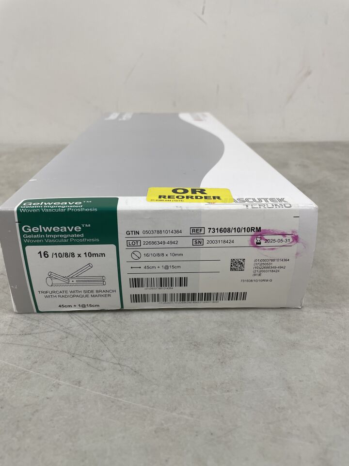 731608/10/10RM - TERUMO - Vascutek Gelweave Gelatin Impregnated Woven Vascular Prosthesis 16/10/8/8 x 10cm, (BX/1) - ( Expiry Date: 2025-05-31 )