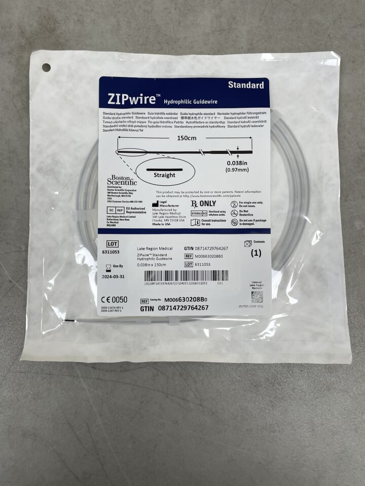 630208B - BOSTON SCIENTIFIC - ZIPwire Hydrophilic Guidewire - Standard, Straight - .038" x 150cm, (EA) - ( Expiry Date: 2024-03-31 )