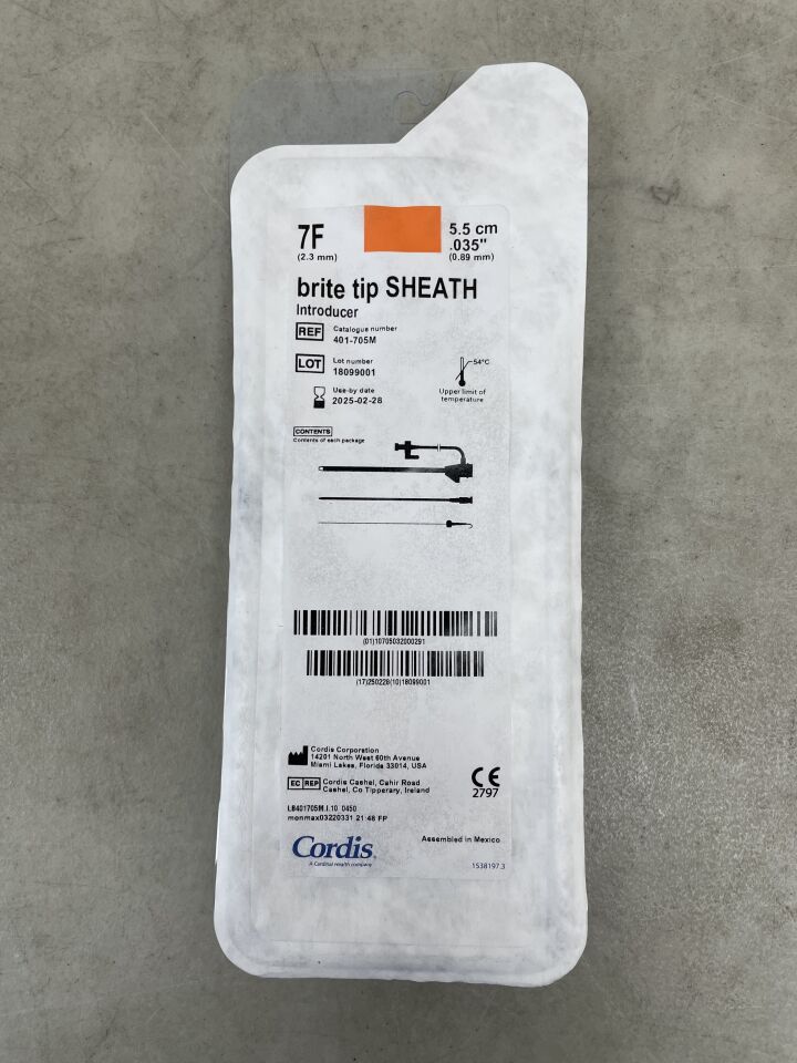 401-705M - CORDIS - Brite Tip Sheath Introducer w/Mini-Wire 7F x 5.5cm, 0.035", (EA) - ( Expiry Date: 2025-02-28 )