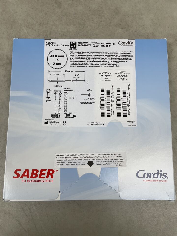 48003002X - CORDIS - Saber OTW PTA Dilatation Catheter 3mm x 20mm, 150cm, (BX/1) - ( Expiry Date: 2024-10-31 )