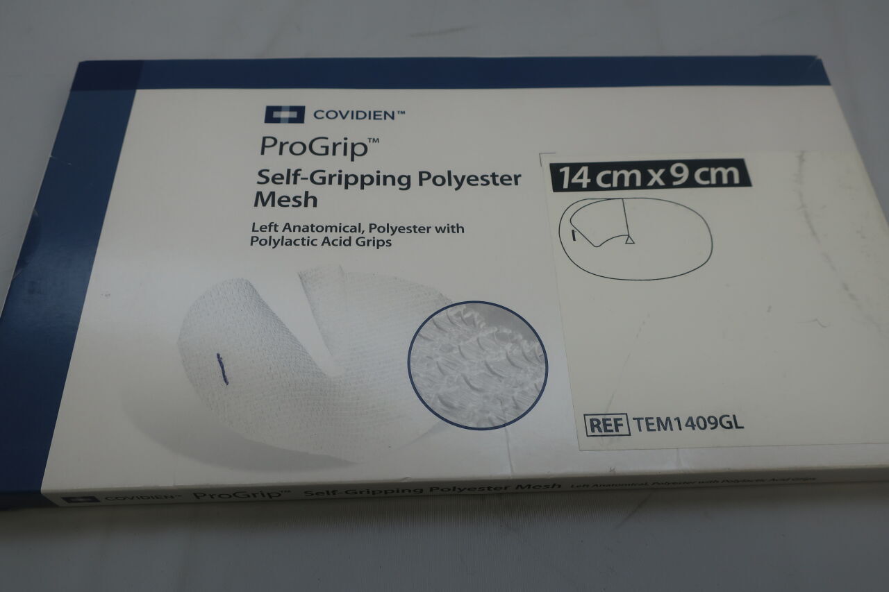 TEM1409GL - COVIDIEN - Parietex ProGrip Left Anatomical Self-fixating Polyester Mesh with Polyactic Acid Grip, 14 x 9 cm, (BX/1) - ( Expiry Date: 2023-12-31 )