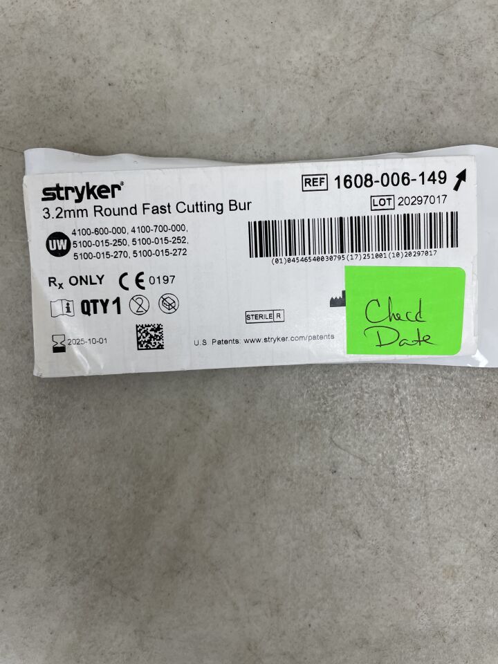 1608-006-149 - STRYKER - Round Stainless Steel Fast Cutting Burr, 3.2 mm Head Diame, (EA) - ( Expiry Date: 2025-10-01 )