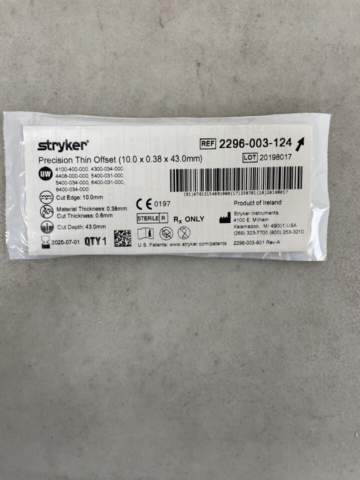 2296-003-124 - STRYKER - Micro Sagittal Saw Blade, 43 L x 10 mm W, (EA) - ( Expiry Date: 2025-07-01 )