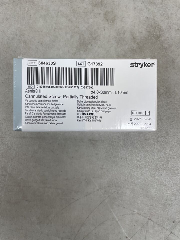604630S - STRYKER - Asnis III Titanium Partial Threaded Self-Drilling/Self-Tapping Cannulated Screw, 4 dia. x 30 mm Length, Sterile, (BX/1) - ( Expiry Date: 2025-02-28 )