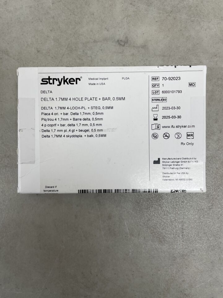 70-92023 - STRYKER - Delta 1.7mm Straight Plate, 4 Hole, 0.5mm, (BX/1) - ( Expiry Date: 2025-03-30 )