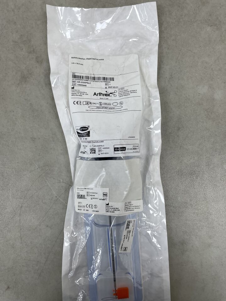 Arthrex suture anchor PEEK SwiveLock sterile packaged medical surgical device on gray background