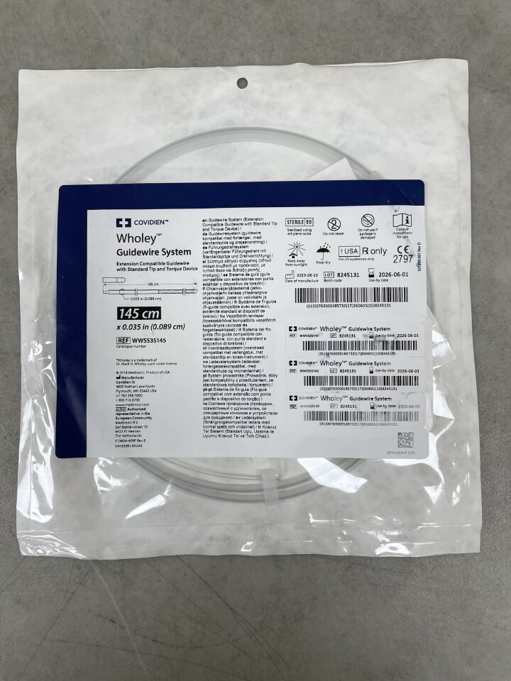 WWSS35145 - COVIDIEN - Sistema de guía Wholey, punta estándar, compatible con extensiones, 0,035" x 145 cm, (unidad) - (Fecha de caducidad: 01/06/2026)