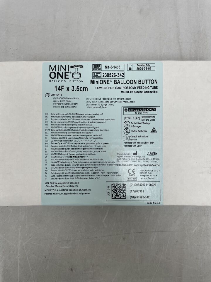 MiniONE Balloon Button 14F x 3.5cm low profile gastrostomy feeding tube medical device box label.