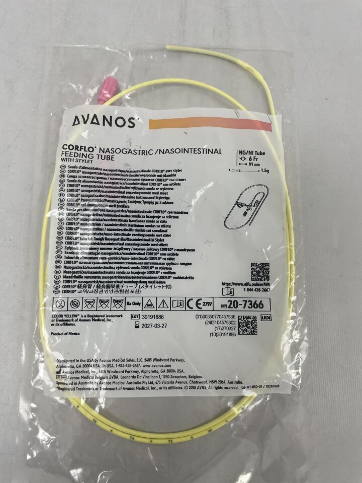 20-7366 - AVANOS - corflo nasogastric/nasointestinal feeding tube, 3g weighted w/stylet, 6f x 36", (EA) - ( Expiry Date: 2027-03-27 )