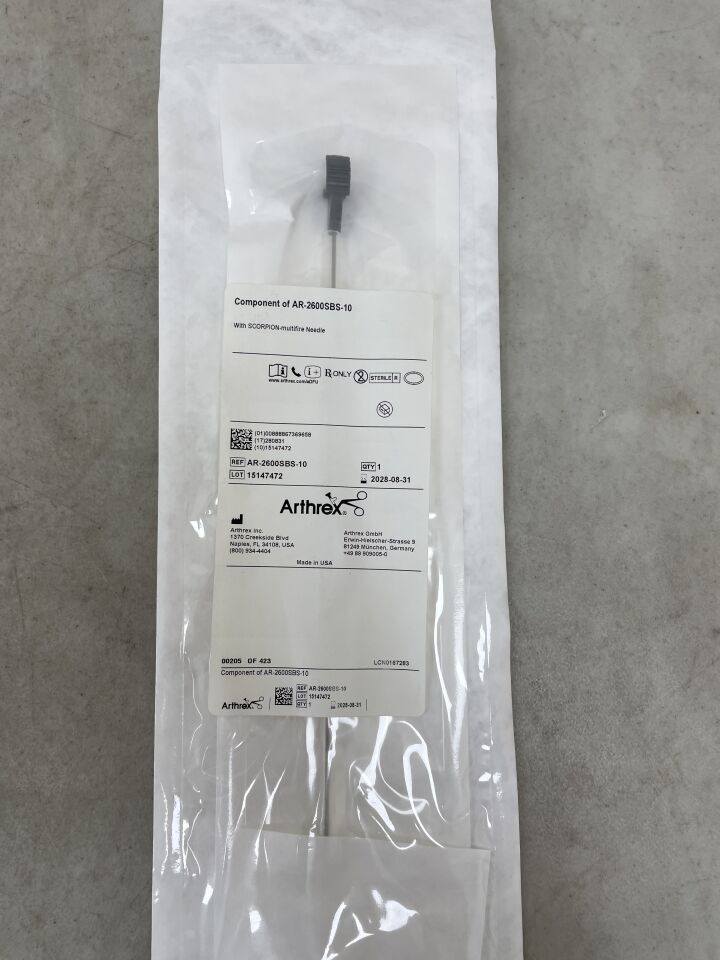 Sterile Arthrex Scorpion multifunctional surgical needle in sealed medical packaging on a gray surface