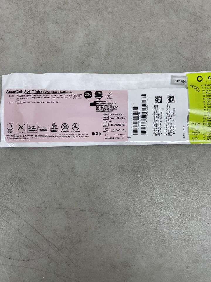 AC1202250 - BARD - AccuCath Ace Intravascular Catheter, Basic 20G x 2.25", (EA) - ( Expiry Date: 2026-01-31 )