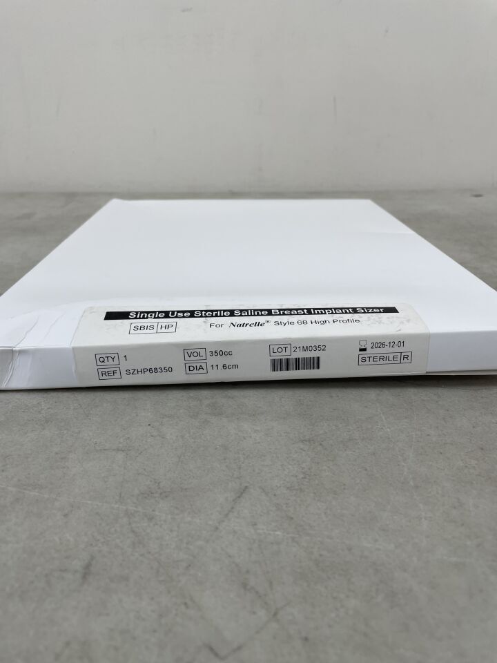 Sterile saline breast implant sizer box, high profile, labeled 350cc and 11.6cm diameter