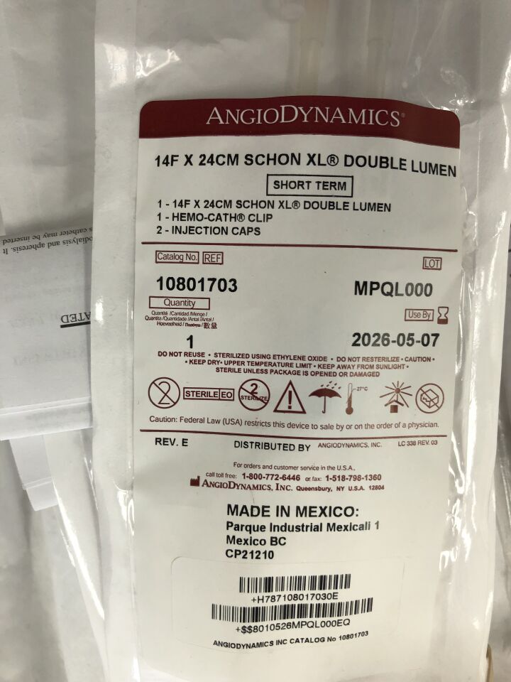 10801703 - ANGIO DYNAMICS - 14F x 24cm Schon XL Double Lumen, Short term, (EA) - ( Expiry Date: 2026-05-07 )