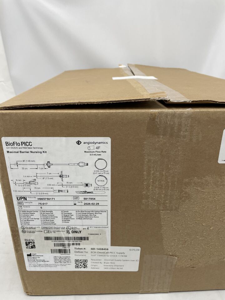 75-017 - ANGIO DYNAMICS - Kit de enfermería de barrera máxima BioFlo PICC 4F (caja de 5) - (Fecha de caducidad: 28/02/2026)