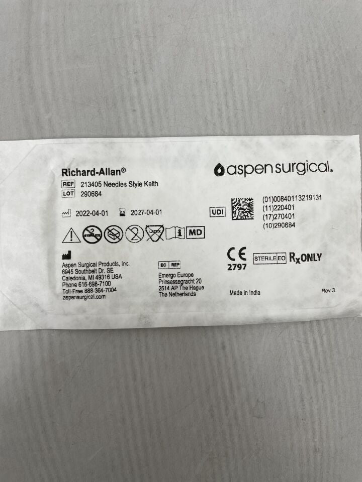 213405 - ASPEN SURGICAL - richard-allen straight cutting keith's abdominal surgical needle (2 needles per packet) , (EA) - ( Expiry Date: 2027-04-01 )