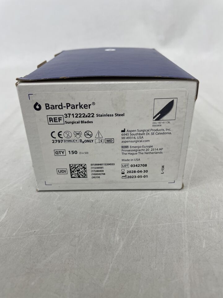 371222 - ASPEN SURGICAL - Hojas quirúrgicas de acero inoxidable Bard-Parker n.° 22 (caja de 150) - (Fecha de caducidad: 30/04/2028)
