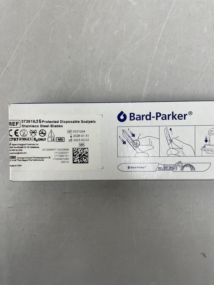 372615 - ASPEN SURGICAL - Bard-Parker 安全手術刀，無菌，15 號不銹鋼，（盒/10）-（有效期至：2028-01-31）