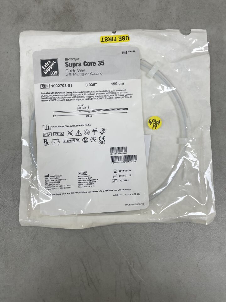 1002703-01 - ABBOTT - Hi-Torque Supra Core 35, Guide Wire with Microglide Coating, Extra Support, 0.035" x 190cm, (EA) - ( Expiry Date: 2019-06-30 )