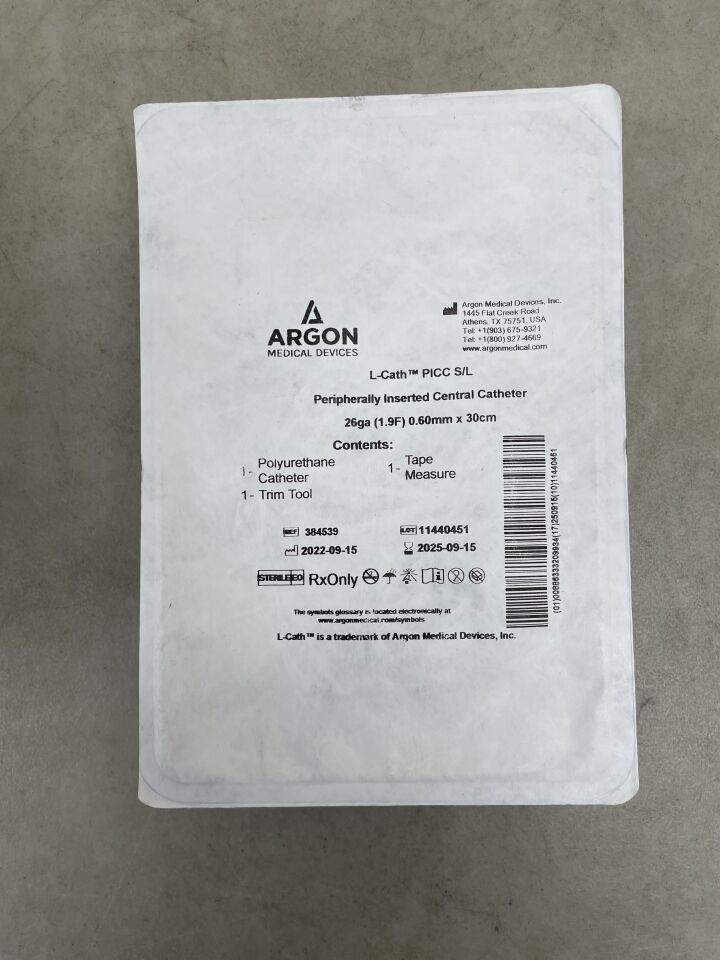 384539 - ARGON MEDICAL - L-Cath PICC S/L, 26Ga, 0.6mm x 30cm, (EA) - ( Expiry Date: 2025-09-15 )