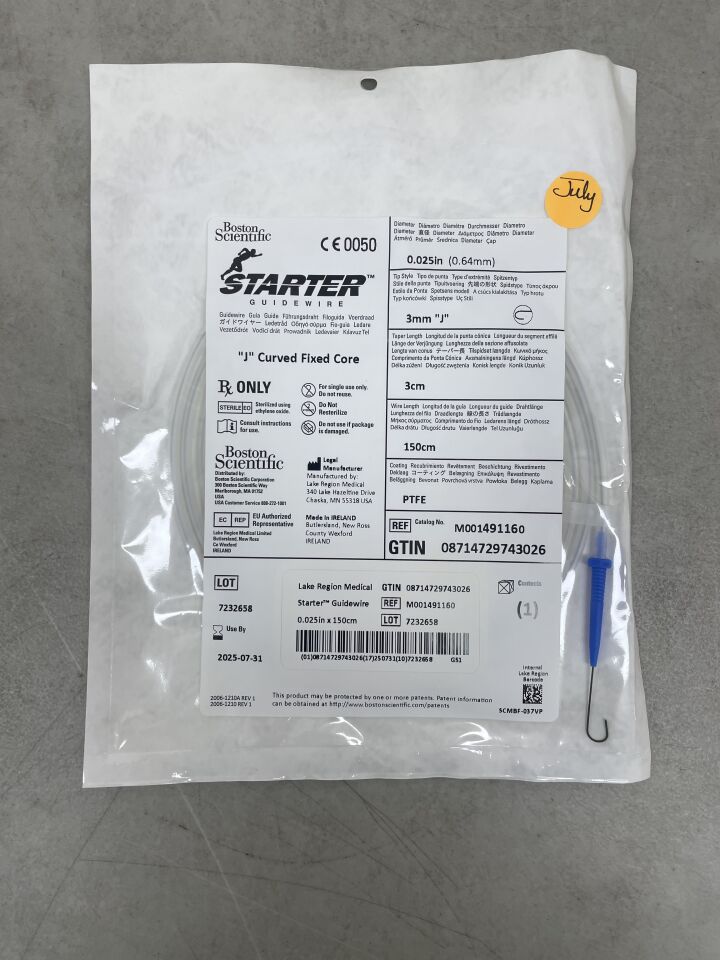 49116 - BOSTON SCIENTIFIC - STARTER Guidewire - J Curved Fixed Core - .025" x 150cm, (EA) - ( Expiry Date: 2025-07-31 )