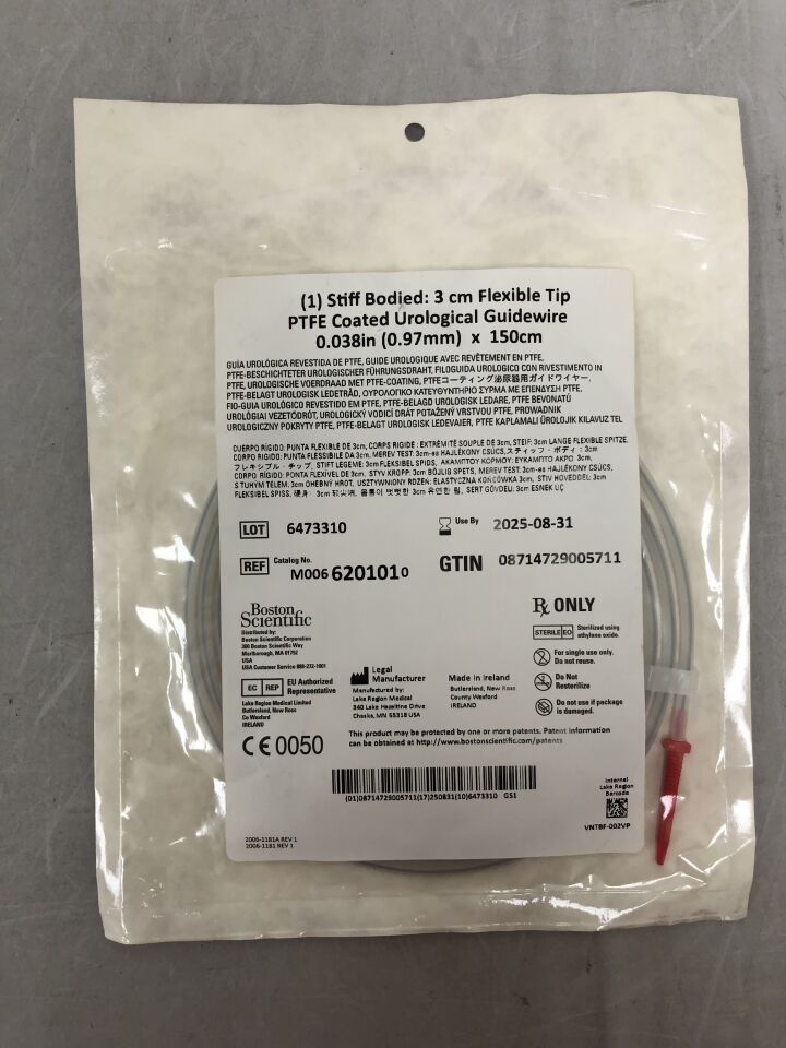620101 - BOSTON SCIENTIFIC - PTFE Coated Urological Guidewire, stiff bodied, 3cm flexible tip, 0.038inch x 150cm, (EA) - ( Expiry Date: 2025-08-31 )