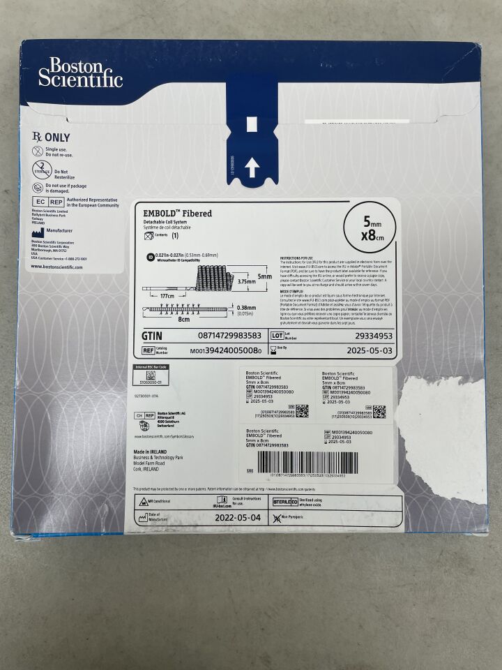 39424005008 - BOSTON SCIENTIFIC - Embold Fibered Detachable Coil System, 5 mm dia. x 8 cm Length, (BX/1) - ( Expiry Date: 2025-05-03 )