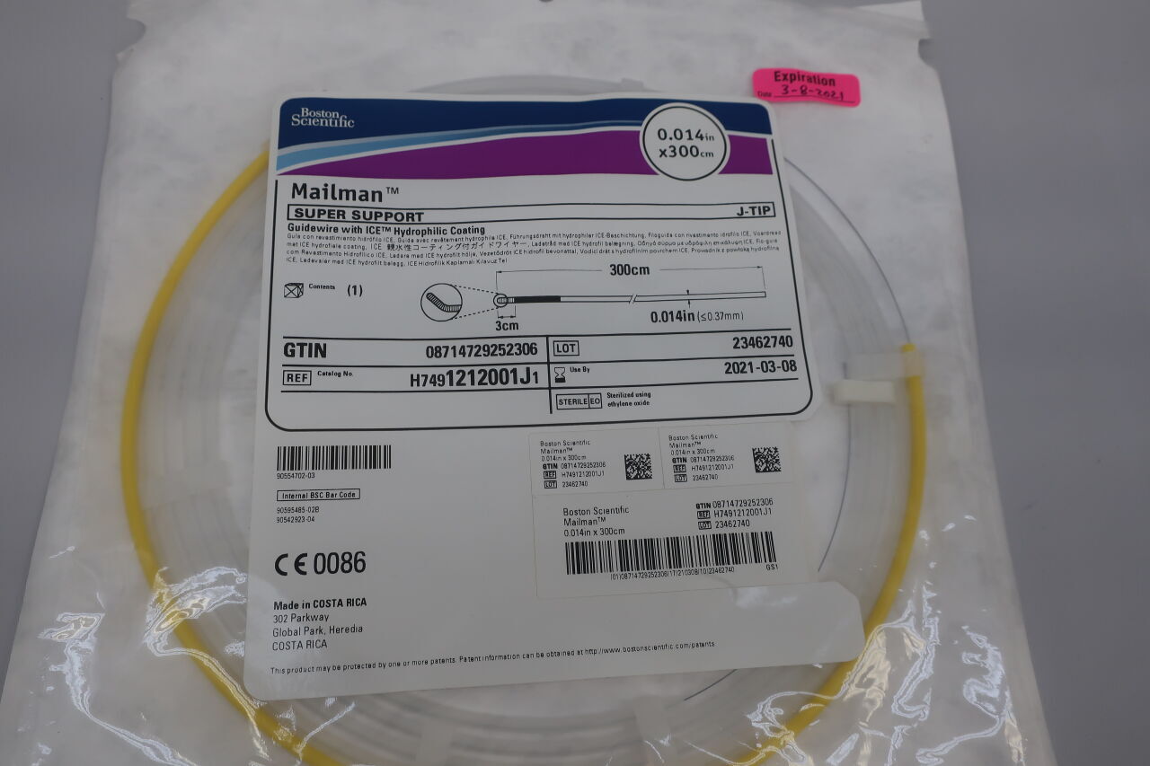 1212001J - BOSTON SCIENTIFIC - Mailman Super Support Guidewire with ICE Hydrophilic Coating, J-Tip, 0.014in x 300cm, (EA) - ( Expiry Date: 2025-10-18 )