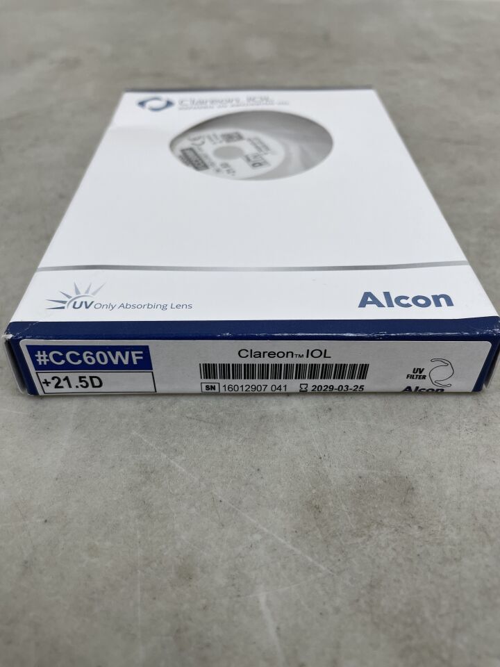 Clareon IOL Alcon #CC60WF 21.5D intraocular lens box on gray surface