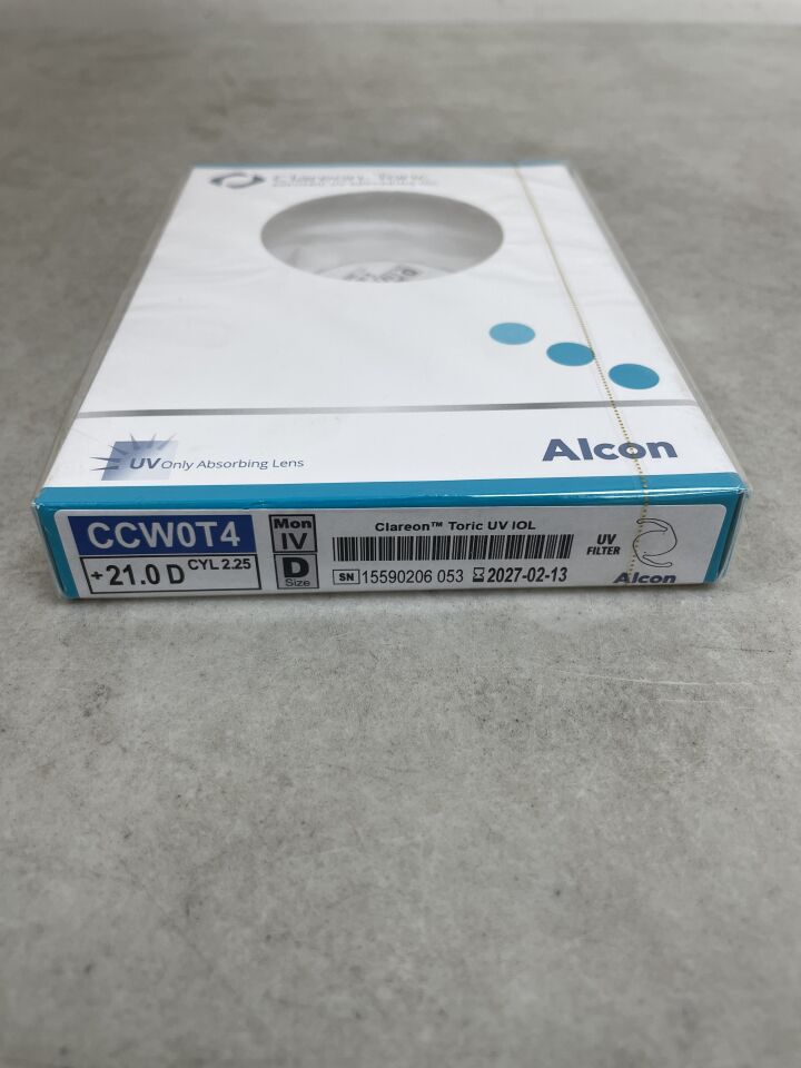 Clareon Toric UV IOL lens box with product label and UV filter, medical equipment