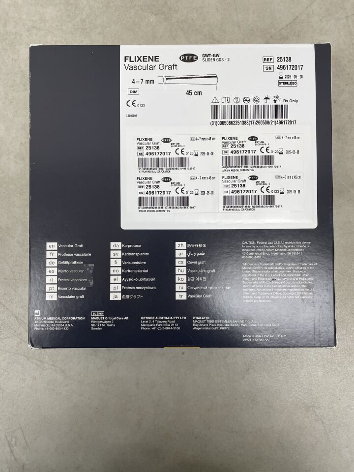 Flixene PTFE vascular graft box, size 4-7 mm by 45 cm, medical device packaging