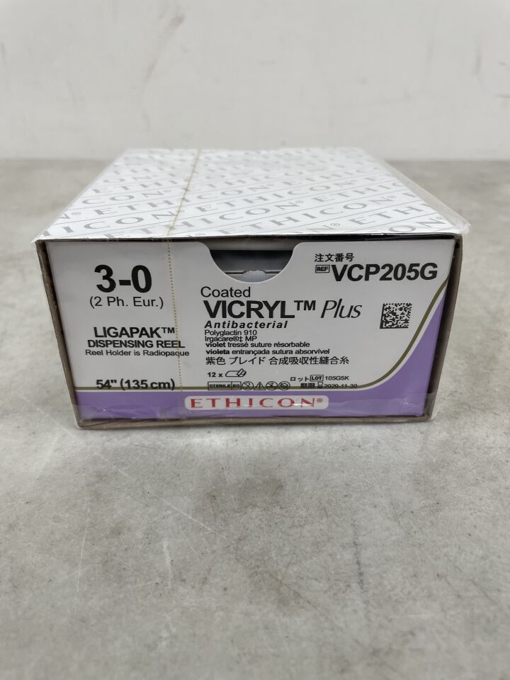 VCP205G - ETHICON - 塗層 VICRYL Plus 抗菌縫合線，LIGAPAK 結紮捲軸，可吸收，紫色編織 54 英寸 = 135 厘米，尺寸：3-0，（盒/12）-（有效期至：2029-11-30）
