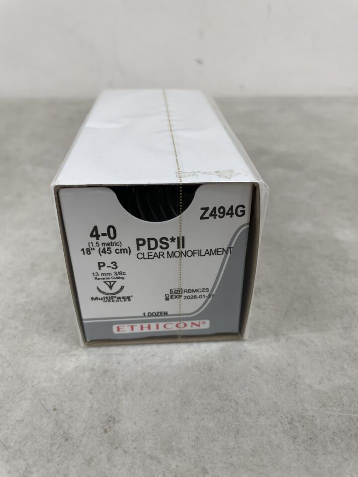 Z494G - ETHICON - PDS II 可吸收單絲聚二氧雜環己酮縫合線，4-0 號，18 英吋長，P-3 針，（盒/12）-（有效期至：2026-01-31）