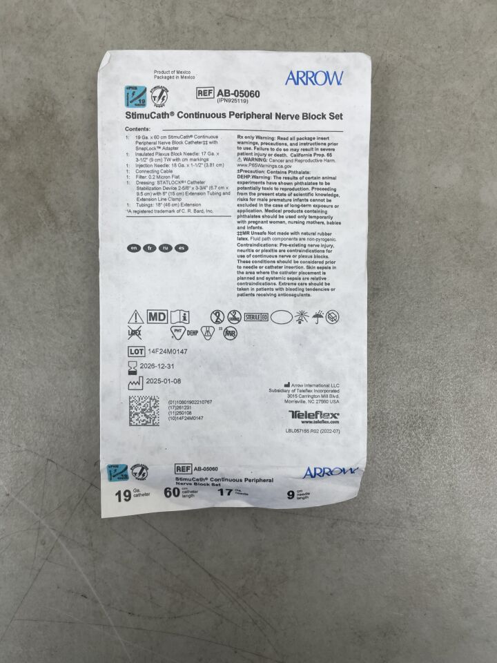 AB-05060 - TELEFLEX - Arrow StimuCath cPNB 連續性週邊神經阻斷導管套件，19G x 60cm，9cm Tuohy，（EA）-（有效期限：2026-12-31）