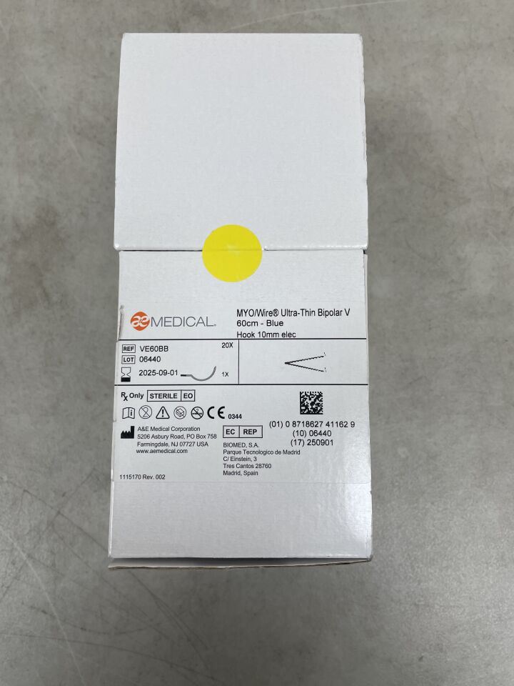 VE60BB - A&E MEDICAL - Myo/Wire Ultra-Thin Bipolar Bifurcated, Blue 60cm, Hook 7.5mm Electrode, (BX/20) - ( Expiry Date: 2025-09-01 )
