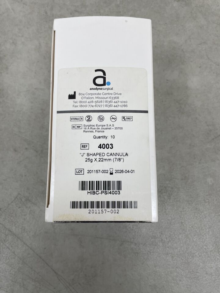 4003 - ANODYNE SURGICAL - 4000 系列：J 型套管，25g x 22mm，（10 支/盒）-（有效期限至：2026-04-01）
