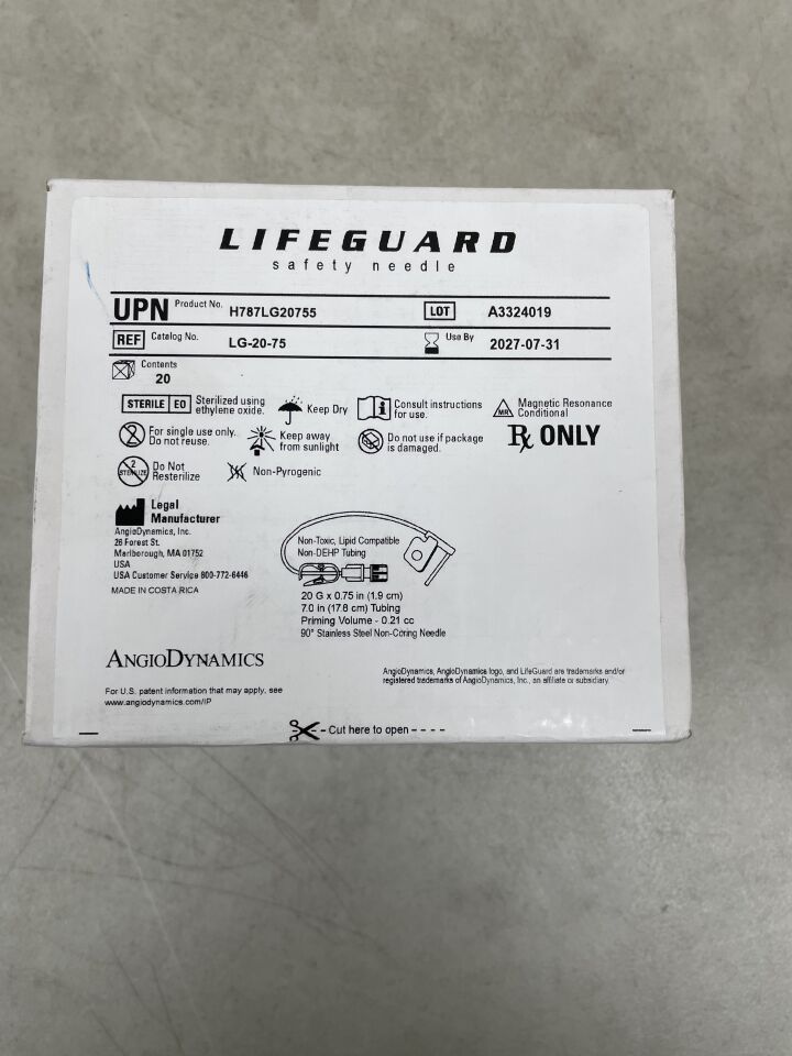 LG-20-75 - NAVILYST - Lifeguard 安全輸液針套裝 90 度非穿刺型 20G x 0.75 英寸，（20 支/盒）-（有效期至：2027-07-31）