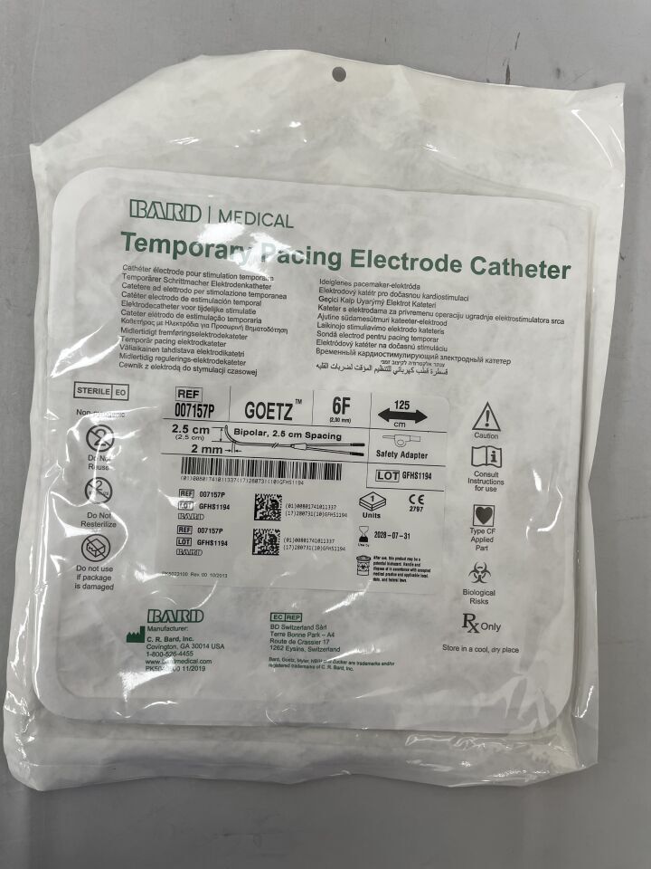 Temporary pacing electrode catheter in sterile packaging, medical device for cardiac procedures