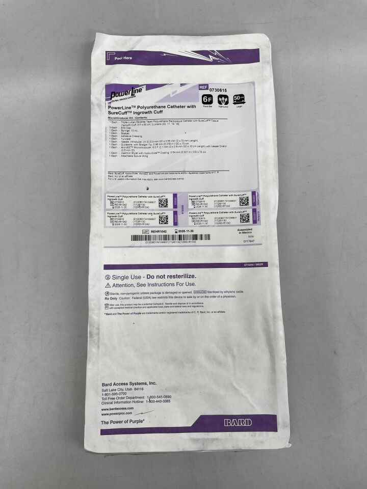 0730615 - BARD - PowerLine 聚氨酯導管 - PowerLine 中心靜脈導管。 6F 三腔聚氨酯導管，附 SureCuff 導引套囊。微型導入器套件，（個）-（有效期限至：2026年11月30日）