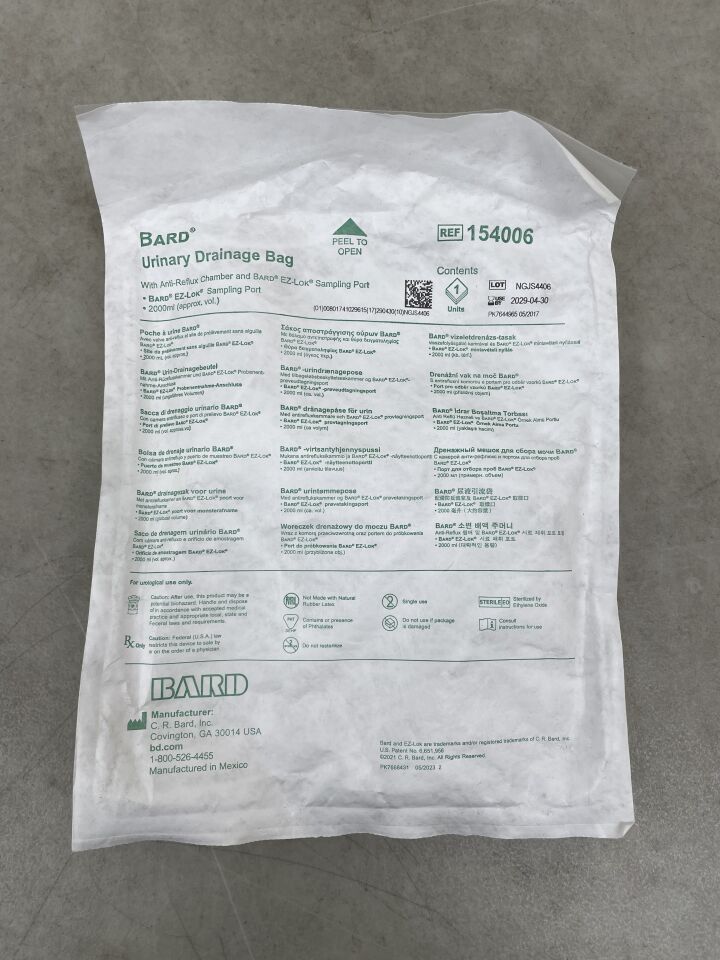 154006 - BARD - Bolsa de drenaje urinario con cámara antirreflujo y puerto de muestreo Bard EZ-Lok, 200 ml (unidad) - (Fecha de caducidad: 30/04/2029)