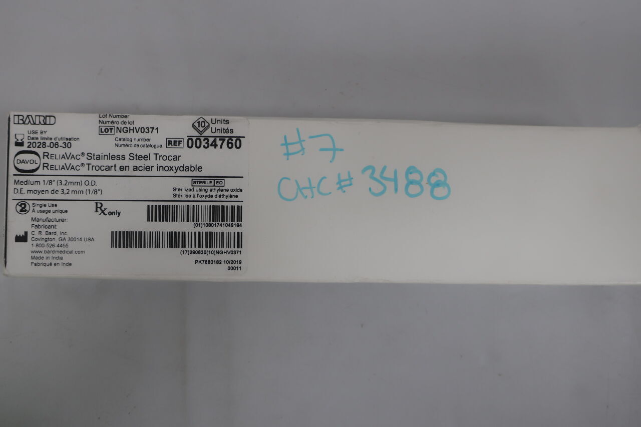 34760 - BARD - Trocar de acero inoxidable para drenajes de silicona para heridas, diámetro exterior de 1/8 pulg. (BX/10) - (Fecha de caducidad: 30/06/2028)
