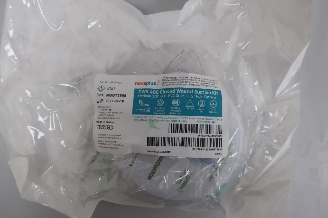 V0043610 - BARD - novaplus; cws 400 closed wound suction kit, medium 1/8" (10 fr., 3.2mm) o.d. pvc drain, 12.5" (31.7cm) hole pattern, x-ray opaque stripe, attached trocar, 400cc evacuator, 3-spring, y-connecting tube, (EA) - ( Expiry Date: 2027-04-18 )