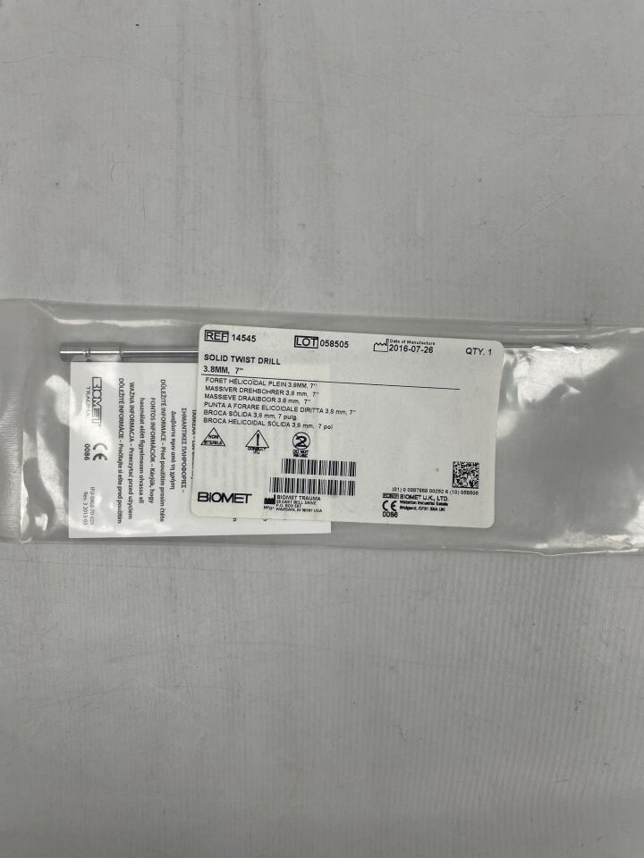 14545 - BIOMET - Solid Twist Drill 3.8mm, 7", (EA) - ( Expiry Date: 2099-12-31 )