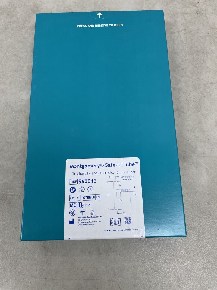 560013 - BOSTON MEDICAL - Montgomery Safe-T-Tube - Tubo traqueal en T torácico, 13 mm, transparente (caja/1) - (Fecha de caducidad: 31/08/2029)